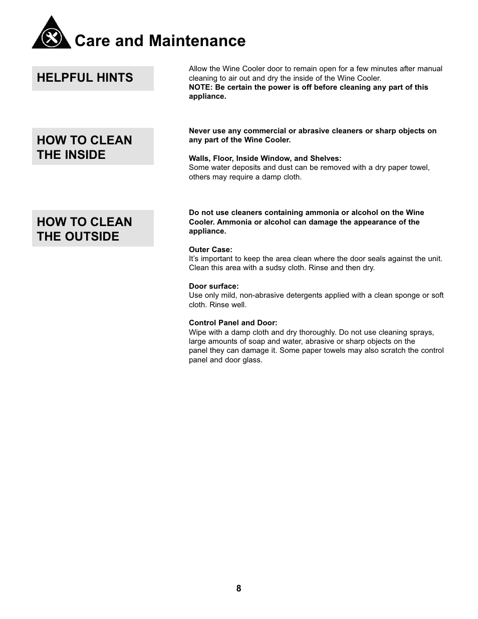 Care and maintenance, Helpful hints, How to clean the inside how to clean the outside | Danby DWC93BLSDBR1 User Manual | Page 9 / 30