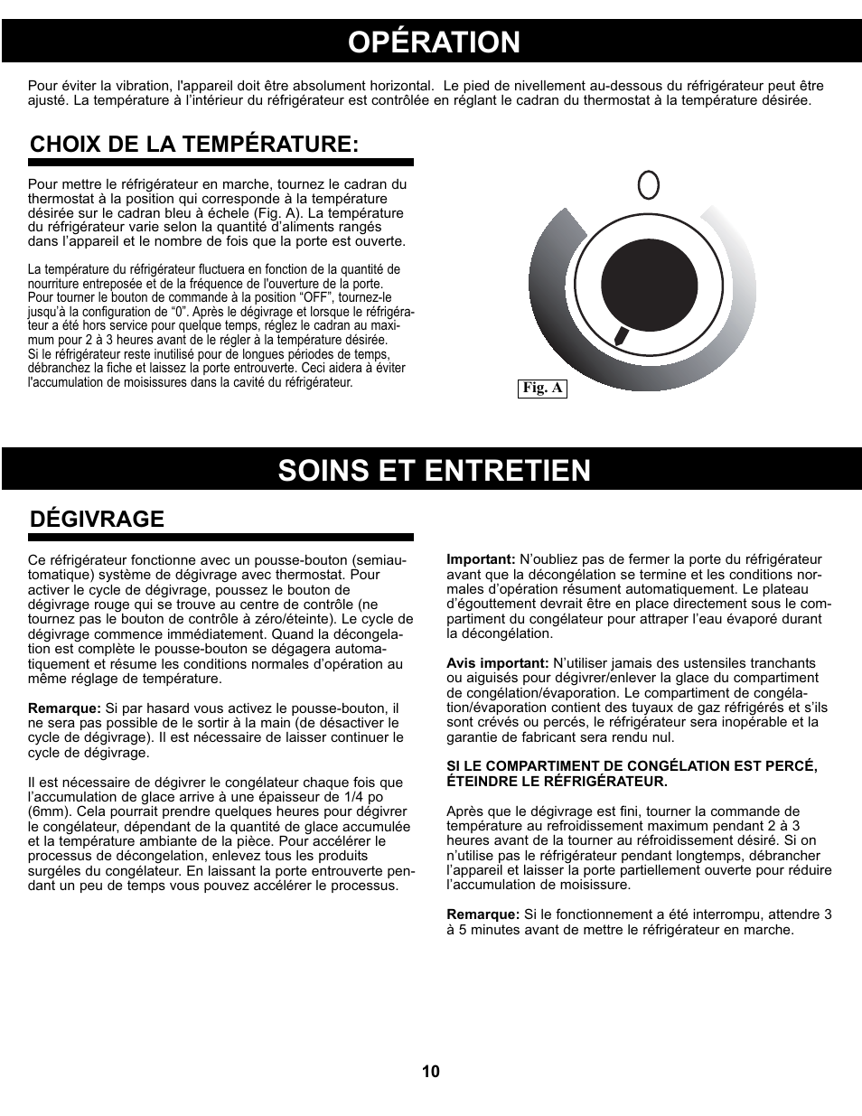 Opération, Soins et entretien, Choix de la température | Dégivrage | Danby SBCR044A2BSL User Manual | Page 11 / 21