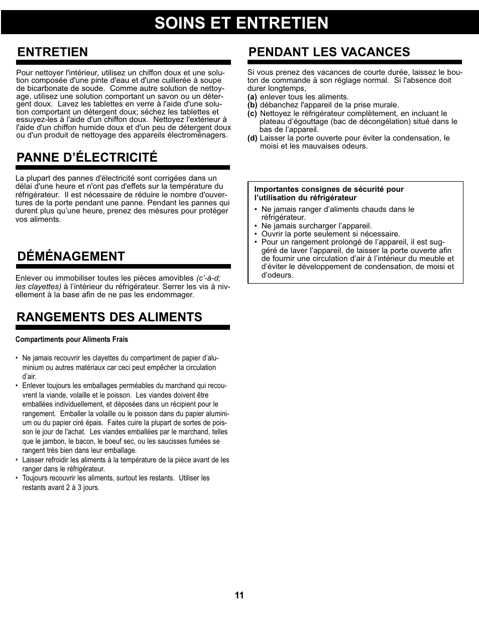 Soins et entretien, Entretien, Panne d’électricité | Déménagement, Pendant les vacances, Rangements des aliments | Danby SBCR044A2BSL User Manual | Page 12 / 21