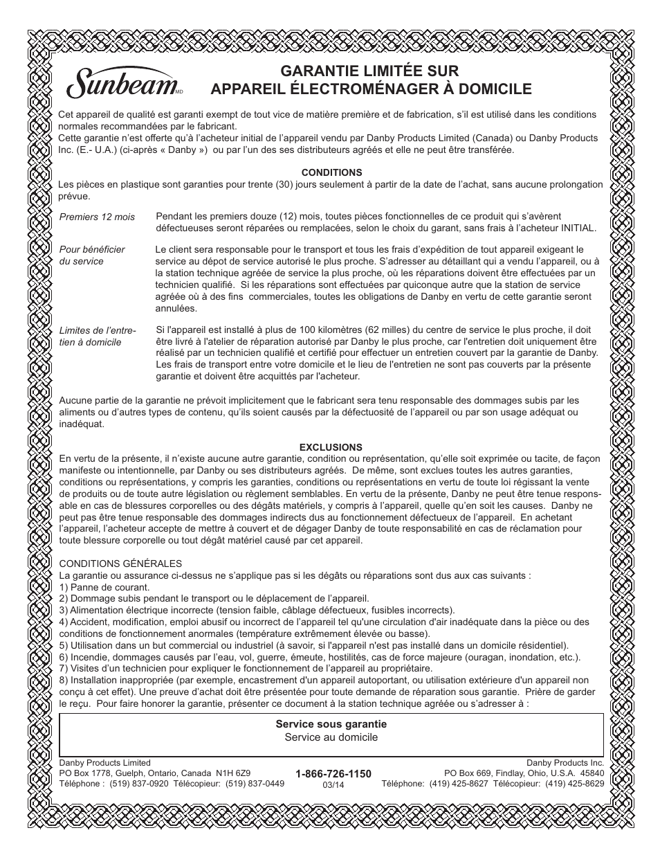 Limited in-home appliance warranty | Danby SBCR044A2BSL User Manual | Page 14 / 21