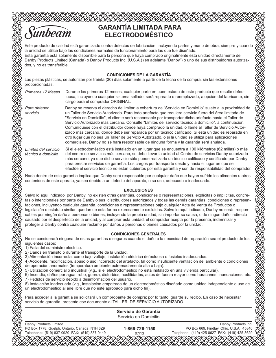 Limited in-home appliance warranty, Garantía limitada para electrodoméstico | Danby SBCR044A2BSL User Manual | Page 20 / 21