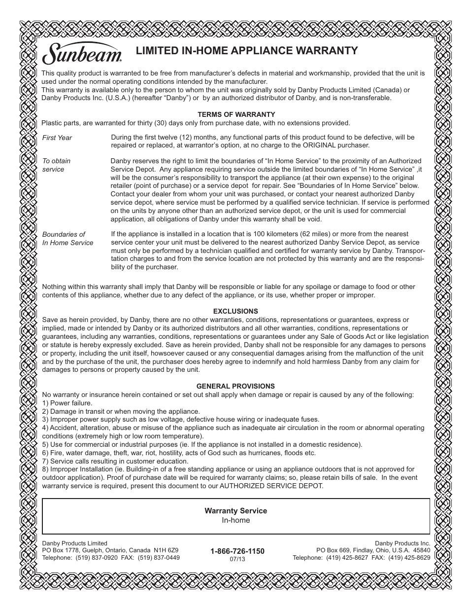 Limited in-home appliance warranty | Danby SBCR044A2BSL User Manual | Page 8 / 21
