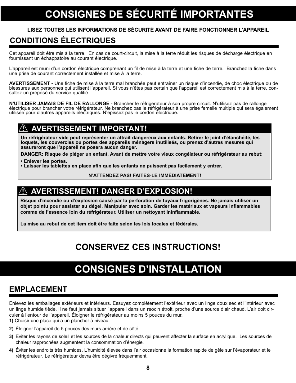 Consignes de sécurité importantes, Consignes d’installation, Conservez ces instructions | Conditions électriques, Avertissement! danger d’explosion, Avertissement important, Emplacement | Danby SBCR044A2BSL User Manual | Page 9 / 21