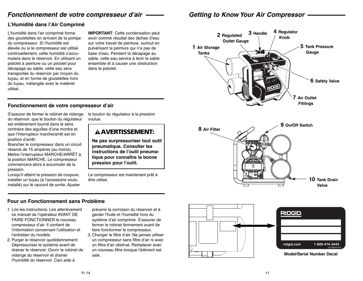 Fonctionnement de votre compresseur d’air, Getting to know your air compressor, Avertissement | Campbell Hausfeld IN610303AV User Manual | Page 11 / 36