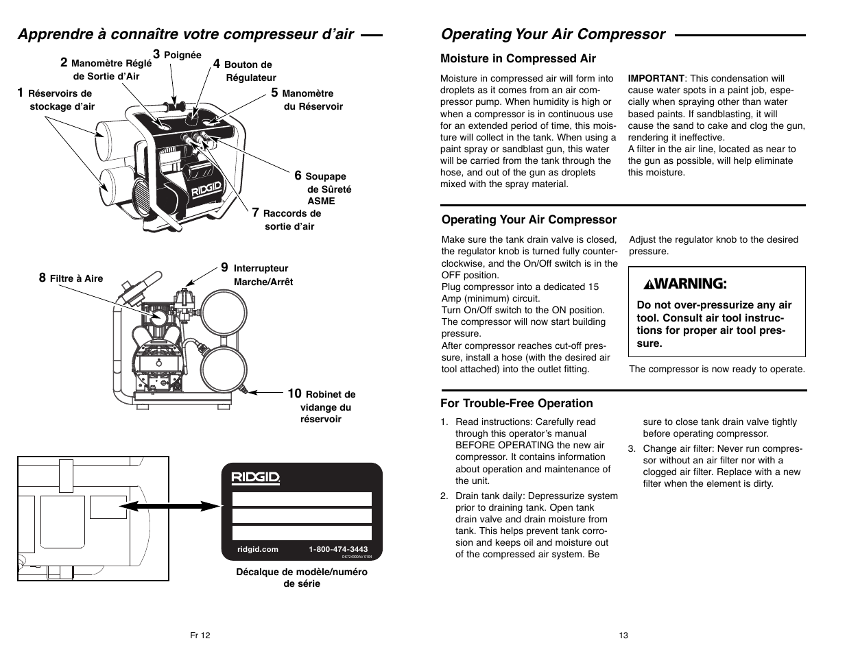 Apprendre à connaître votre compresseur d’air, Operating your air compressor, Warning | Campbell Hausfeld IN610303AV User Manual | Page 13 / 36