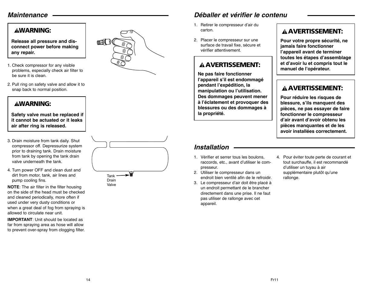 Déballer et vérifier le contenu, Installation, Maintenance | Avertissement, Warning | Campbell Hausfeld IN610303AV User Manual | Page 14 / 36