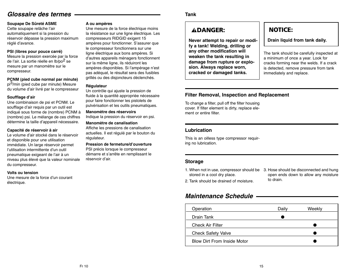 Glossaire des termes, Maintenance schedule, Danger | Notice | Campbell Hausfeld IN610303AV User Manual | Page 15 / 36