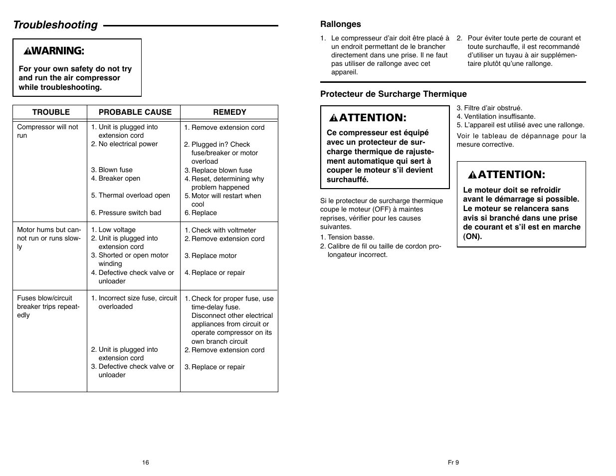 Troubleshooting, Attention, Warning | Campbell Hausfeld IN610303AV User Manual | Page 16 / 36