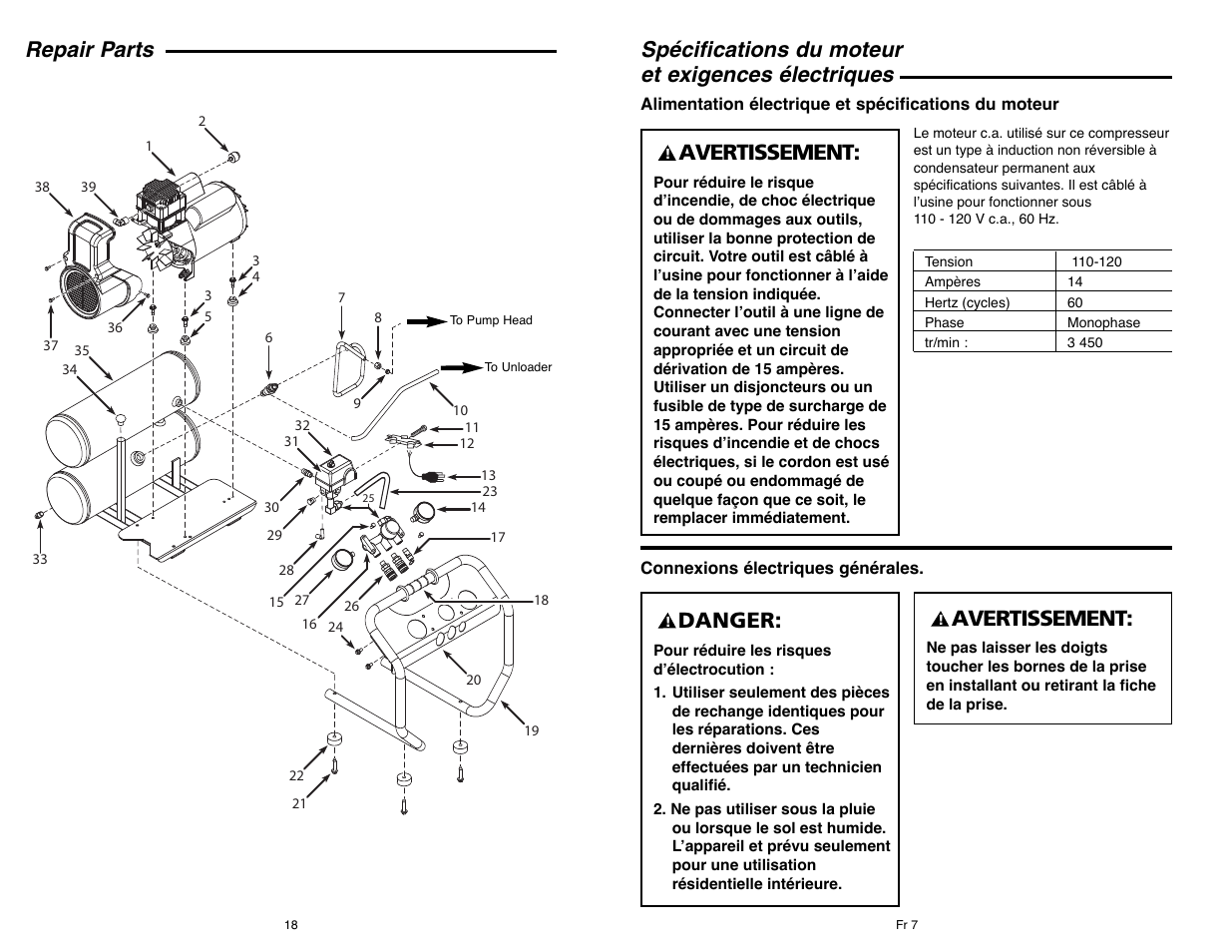Spécifications du moteur et exigences électriques, Repair parts, Avertissement | Danger | Campbell Hausfeld IN610303AV User Manual | Page 18 / 36