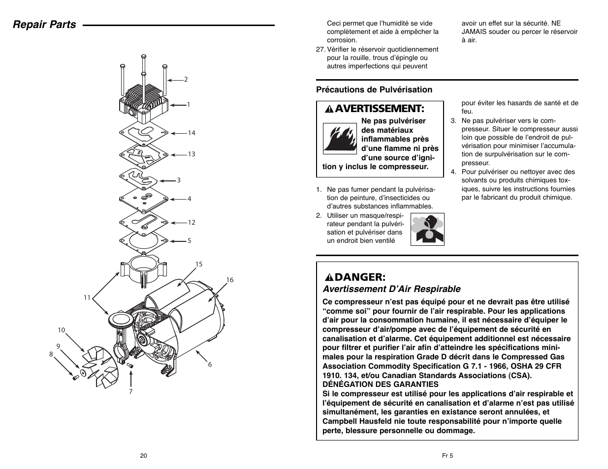 Repair parts, Avertissement, Danger | Campbell Hausfeld IN610303AV User Manual | Page 20 / 36