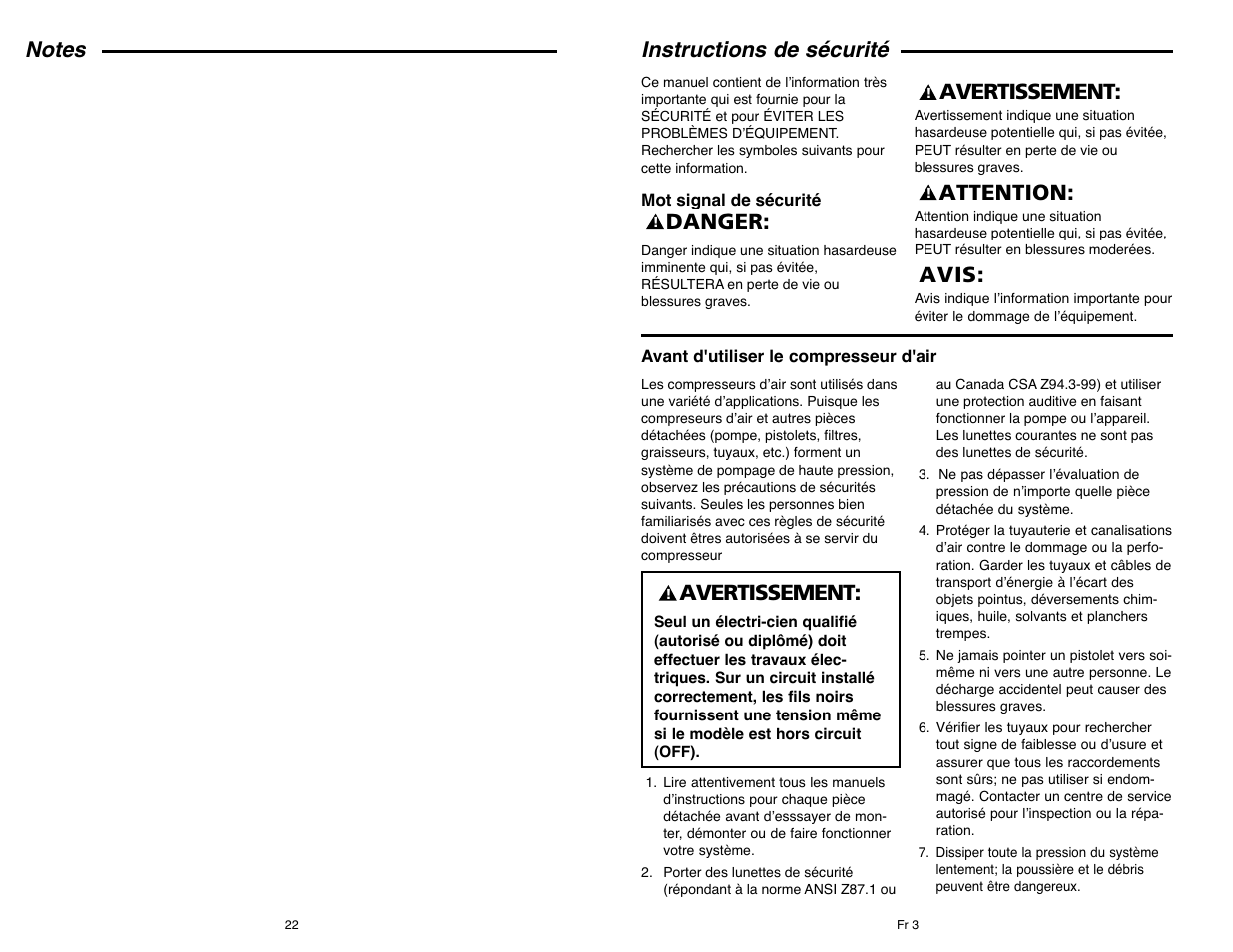 Instructions de sécurité, Avis: attention, Avertissement | Danger | Campbell Hausfeld IN610303AV User Manual | Page 22 / 36