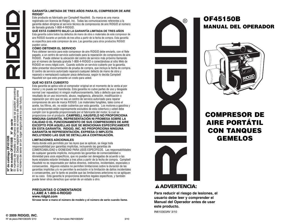 Compresor de aire portátil con tanques gemelos, Manual del operador, Advertencia | Campbell Hausfeld IN610303AV User Manual | Page 25 / 36