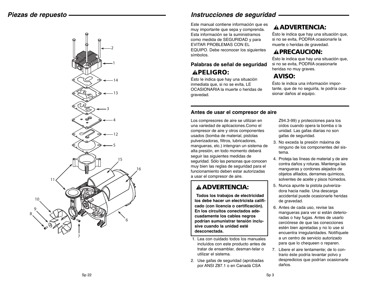 Piezas de repuesto, Instrucciones de seguridad, Aviso: precaucion | Advertencia, Peligro | Campbell Hausfeld IN610303AV User Manual | Page 27 / 36