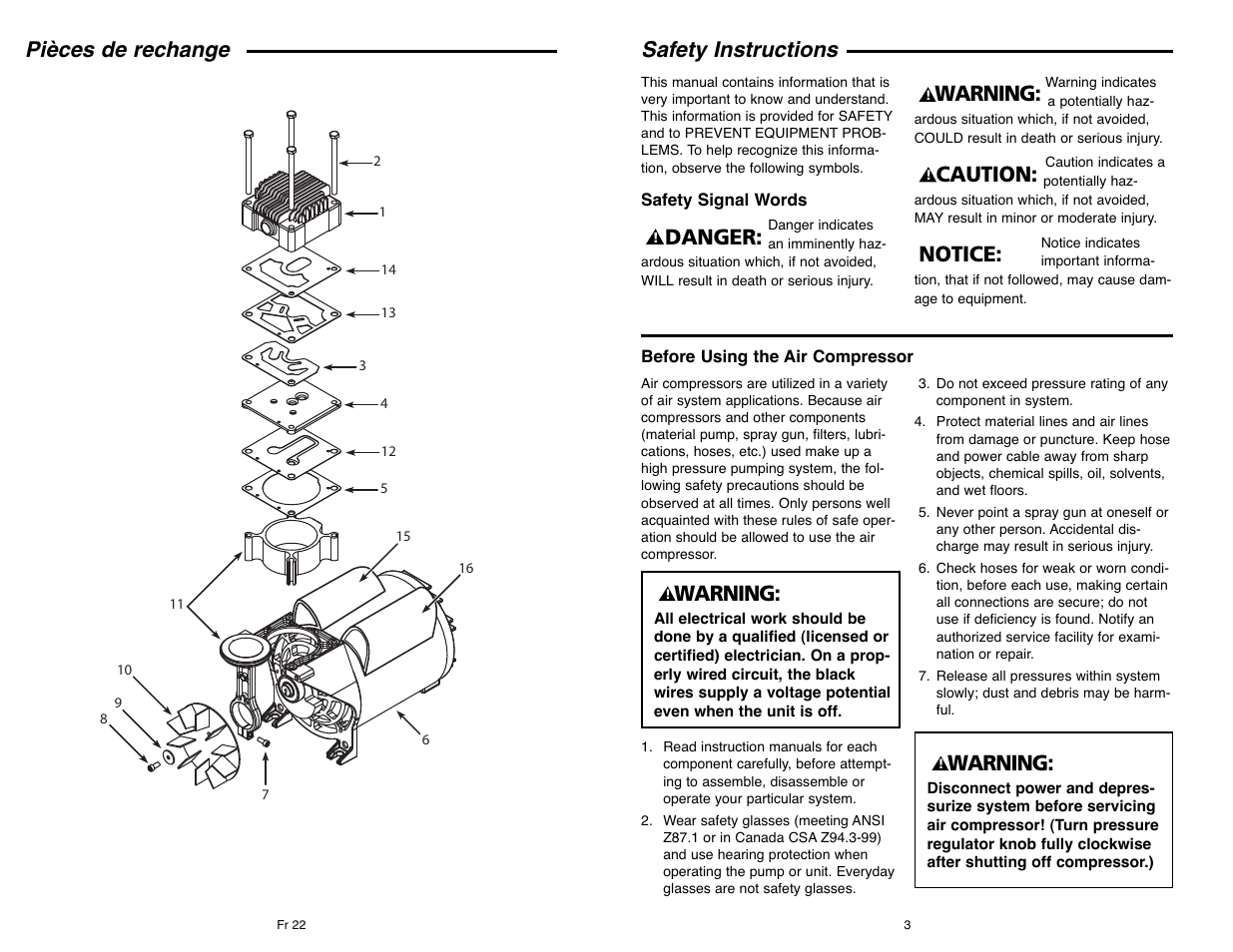 Pièces de rechange safety instructions, Notice, Caution | Warning, Danger | Campbell Hausfeld IN610303AV User Manual | Page 3 / 36