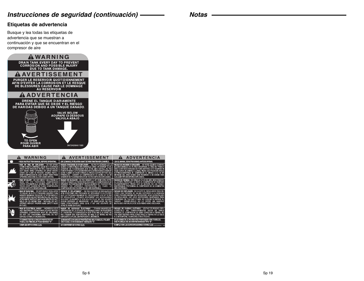 Notas instrucciones de seguridad (continuación) | Campbell Hausfeld IN610303AV User Manual | Page 30 / 36