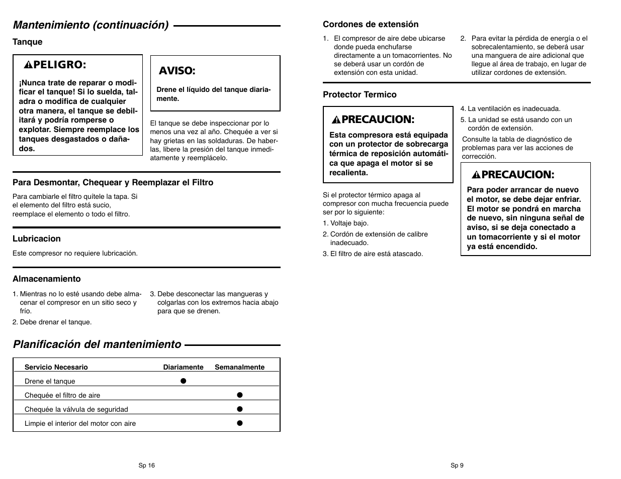 Mantenimiento (continuación), Planificación del mantenimiento, Peligro | Aviso, Precaucion | Campbell Hausfeld IN610303AV User Manual | Page 33 / 36