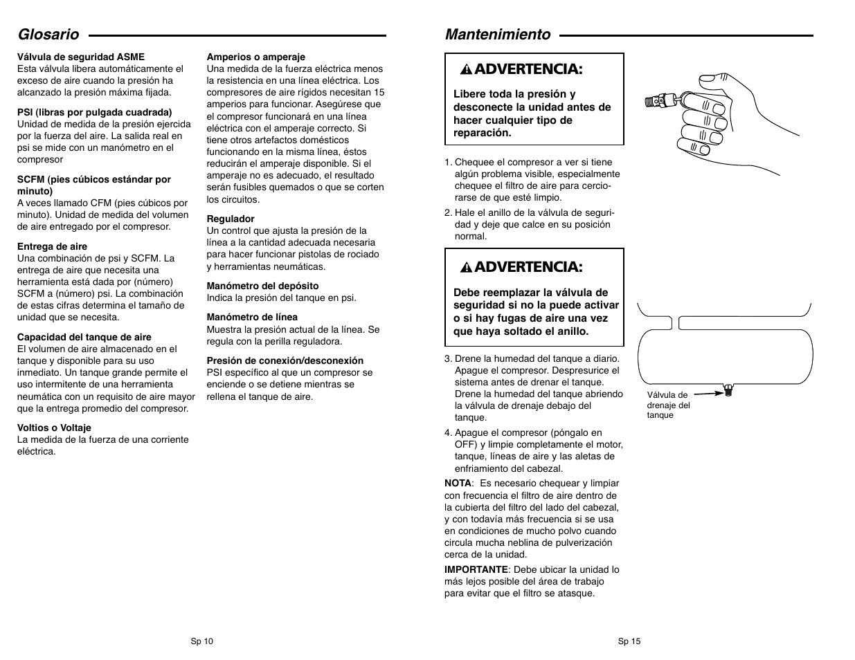 Mantenimiento, Glosario, Advertencia | Campbell Hausfeld IN610303AV User Manual | Page 34 / 36