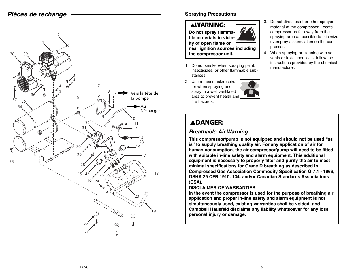 Pièces de rechange, Warning, Danger | Campbell Hausfeld IN610303AV User Manual | Page 5 / 36