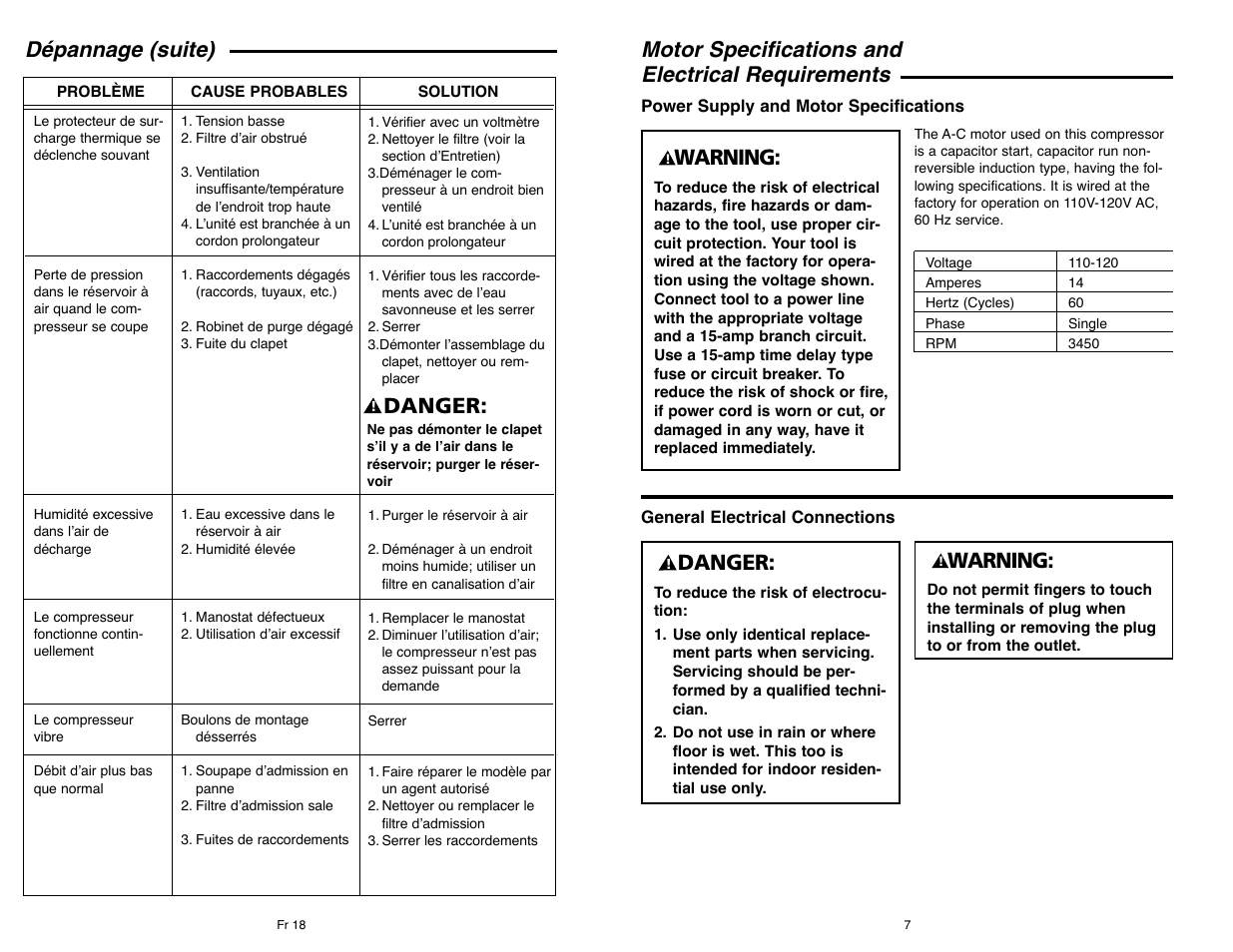 Dépannage (suite), Motor specifications and electrical requirements, Danger | Warning | Campbell Hausfeld IN610303AV User Manual | Page 7 / 36