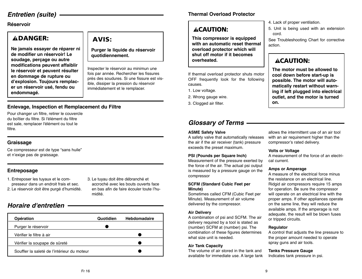 Entretien (suite), Horaire d'entretien, Glossary of terms | Danger, Avis, Caution | Campbell Hausfeld IN610303AV User Manual | Page 9 / 36
