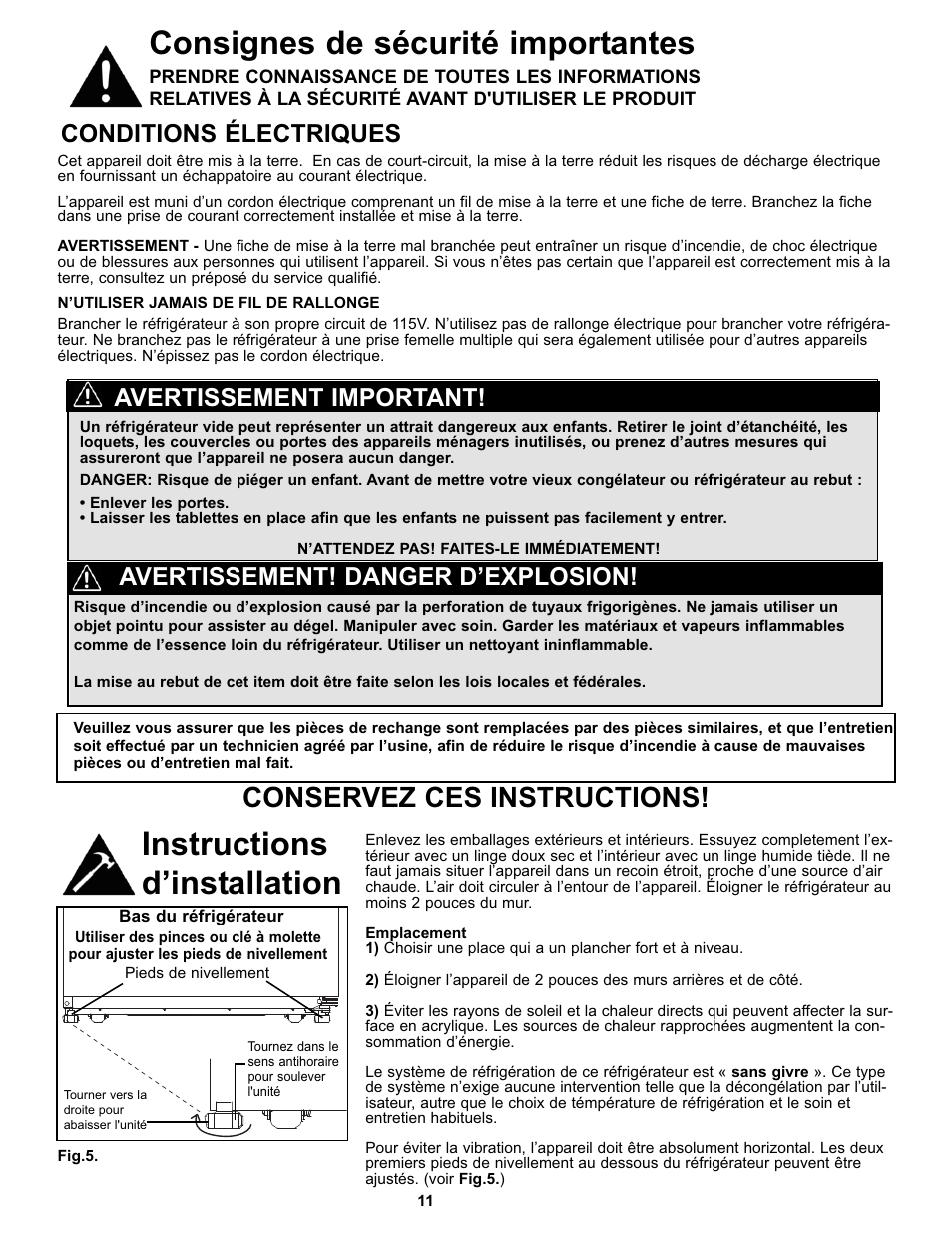 Instructions d’installation, Consignes de sécurité importantes, Conservez ces instructions | Conditions électriques, Avertissement! danger d’explosion, Avertissement important | Danby SYFF123C1WL User Manual | Page 13 / 32