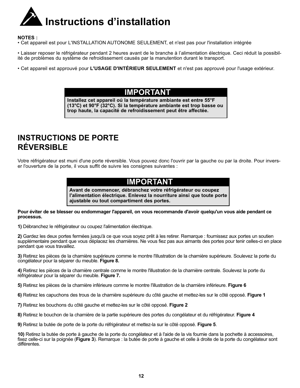 Instructions d’installation, Important, Instructions de porte réversible | Danby SYFF123C1WL User Manual | Page 14 / 32