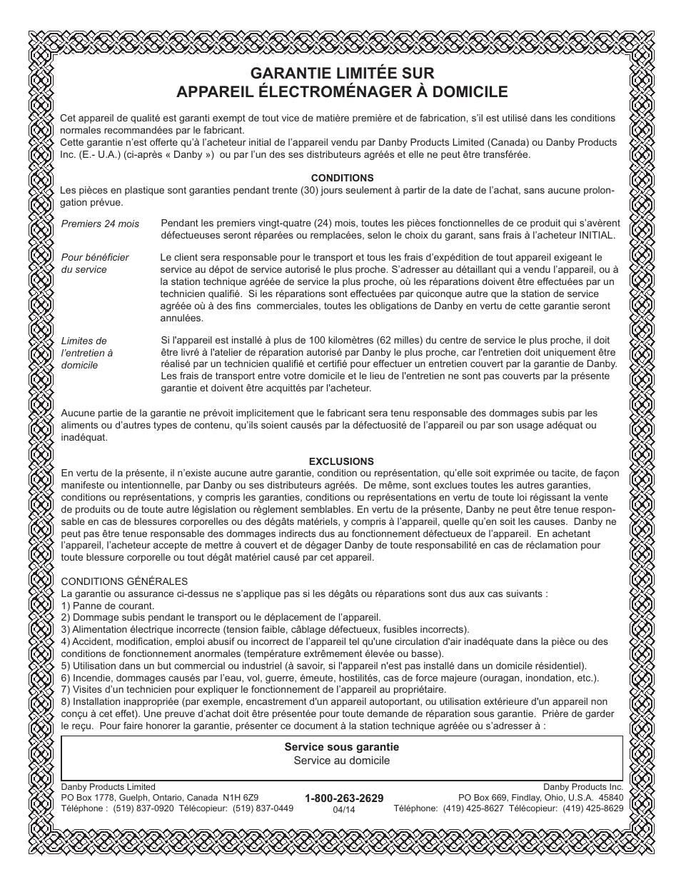 Limited in-home appliance warranty | Danby SYFF123C1WL User Manual | Page 21 / 32