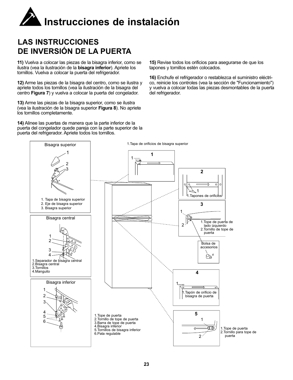 Instrucciones de instalación, Las instrucciones de inversión de la puerta | Danby SYFF123C1WL User Manual | Page 25 / 32