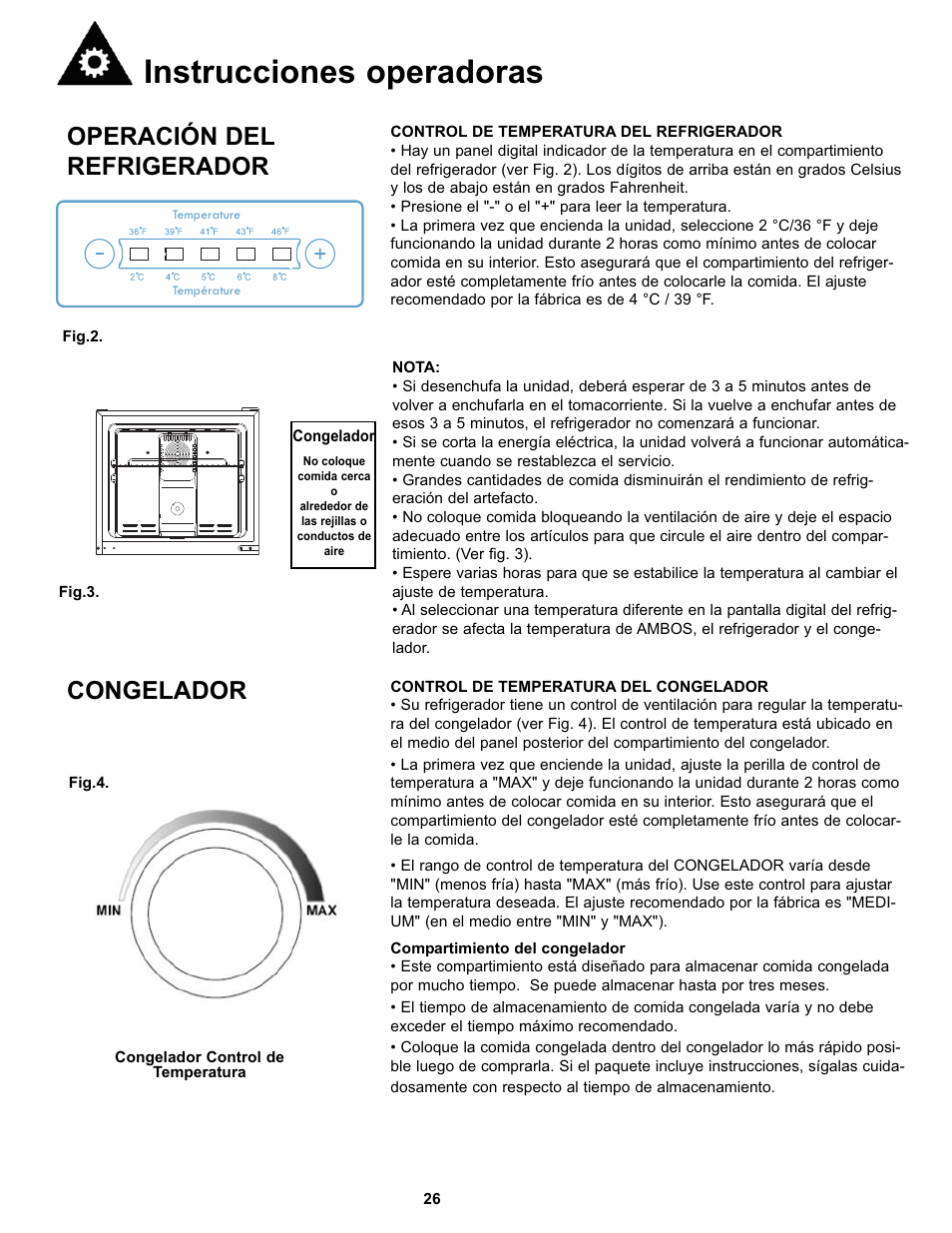 Instrucciones operadoras, Congelador, Operación del refrigerador | Danby SYFF123C1WL User Manual | Page 28 / 32