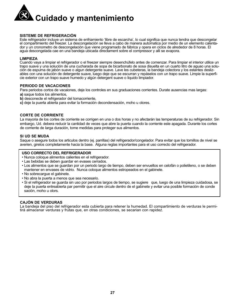 Cuidado y mantenimiento | Danby SYFF123C1WL User Manual | Page 29 / 32