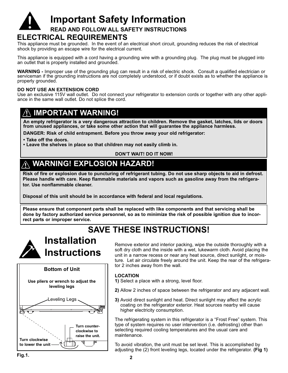 Important safety information, Installation instructions, Save these instructions | Electrical requirements, Important warning, Warning! explosion hazard | Danby SYFF123C1WL User Manual | Page 4 / 32