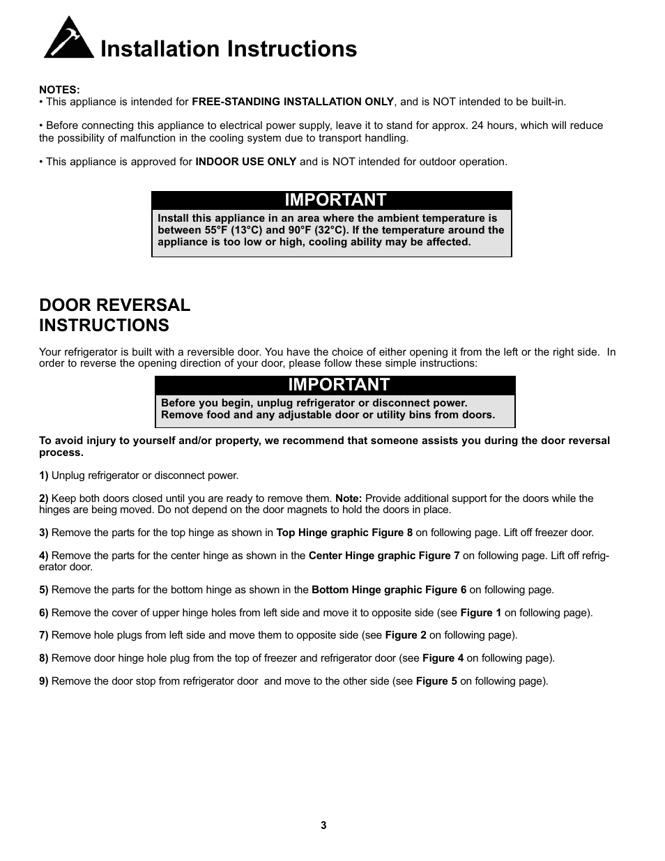 Installation instructions, Important, Door reversal instructions | Danby SYFF123C1WL User Manual | Page 5 / 32