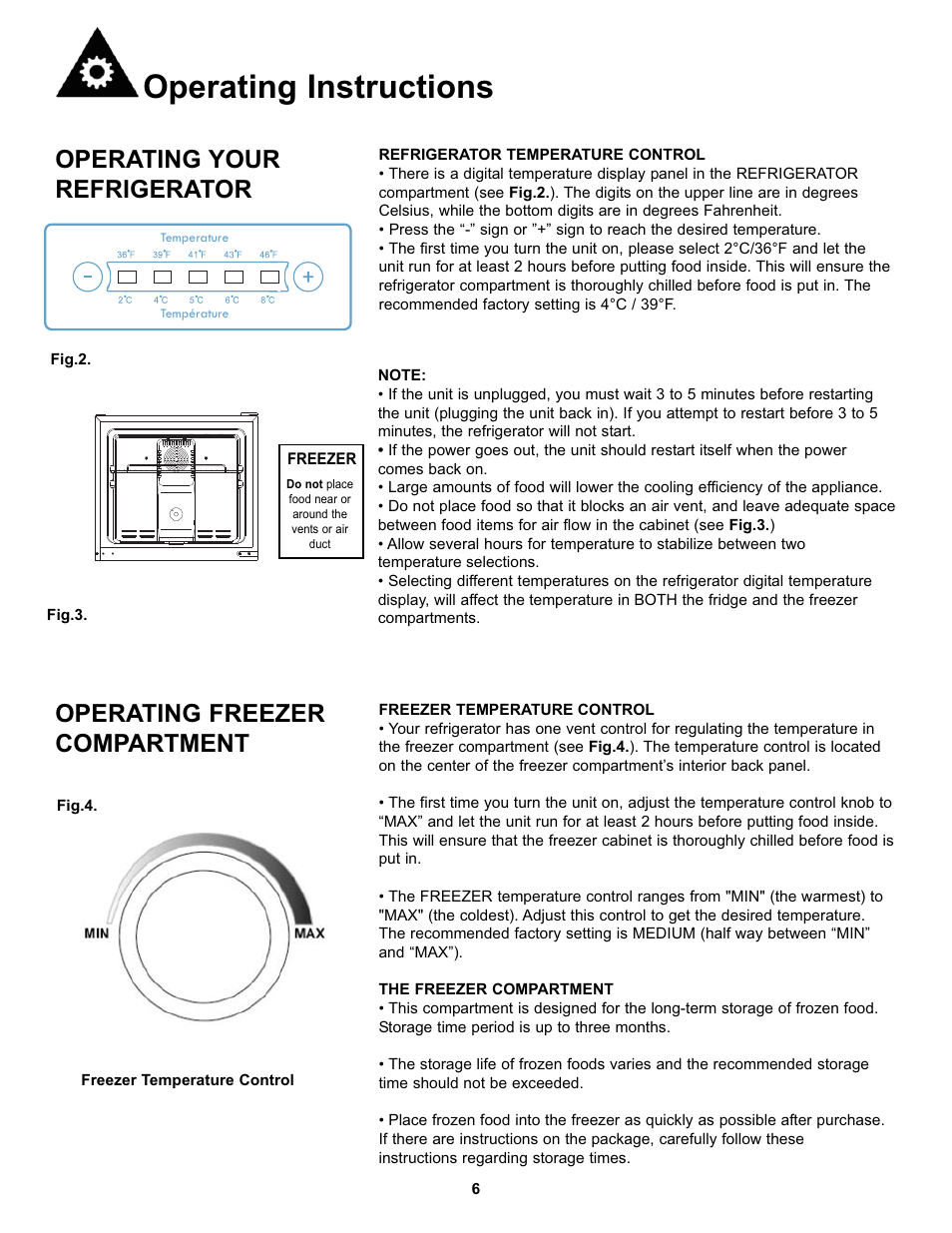Operating instructions, Operating freezer compartment, Operating your refrigerator | Danby SYFF123C1WL User Manual | Page 8 / 32