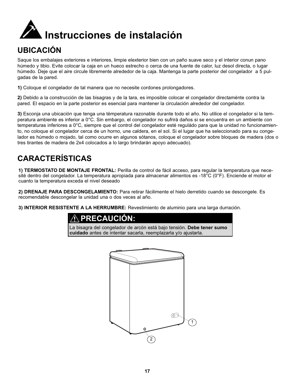 Instrucciones de instalación, Ubicación características, Precaución | Danby DCF038A1WDB User Manual | Page 19 / 24