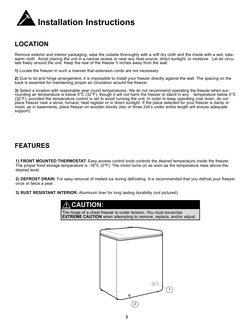 Installation instructions, Location features, Caution | Danby DCF038A1WDB User Manual | Page 5 / 24