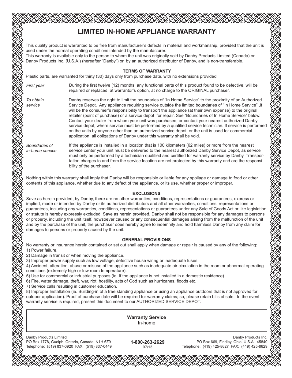 Limited in-home appliance warranty | Danby DCF038A1WDB User Manual | Page 9 / 24