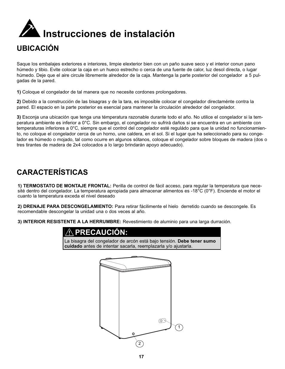 Instrucciones de instalación, Ubicación características, Precaución | Danby DCF051A1WDD User Manual | Page 19 / 24