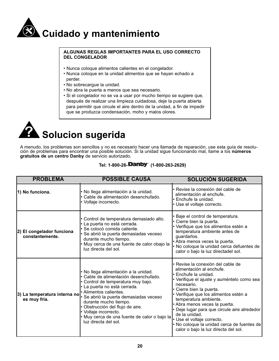 Cuidado y mantenimiento, Solucion sugerida | Danby DCF051A1WDD User Manual | Page 22 / 24