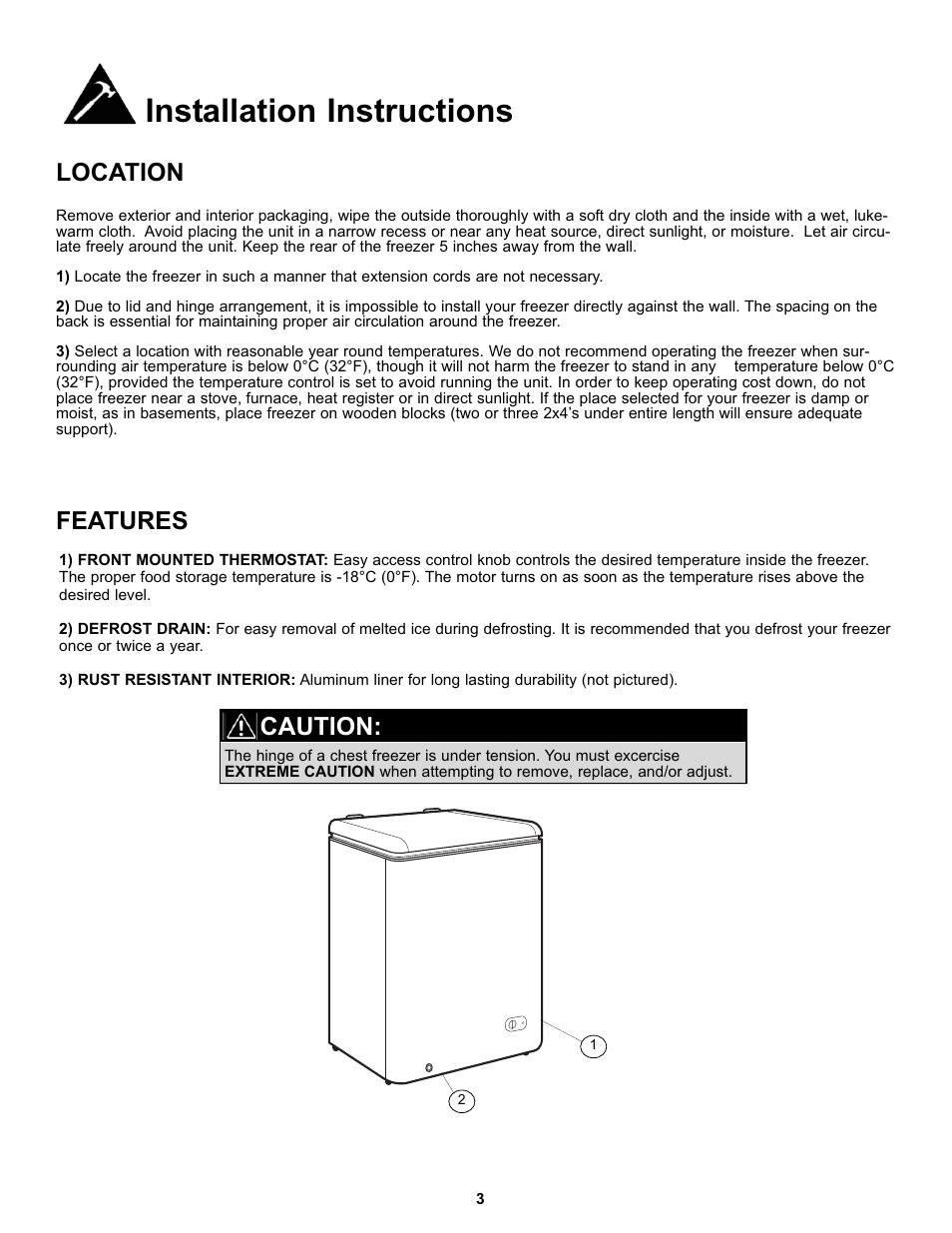 Installation instructions, Location features, Caution | Danby DCF051A1WDD User Manual | Page 5 / 24