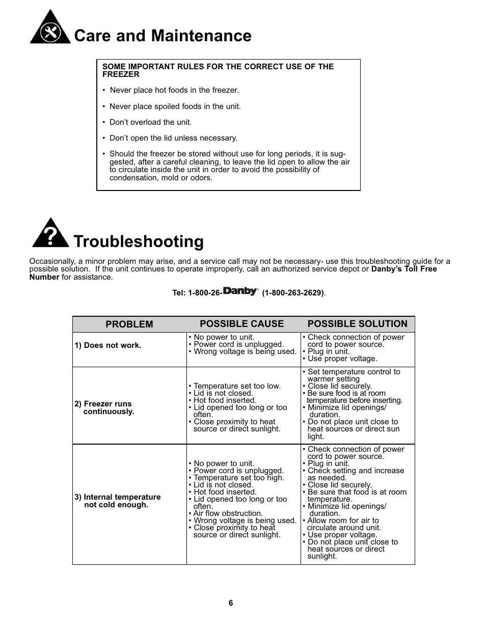 Care and maintenance, Troubleshooting | Danby DCF051A1WDD User Manual | Page 8 / 24