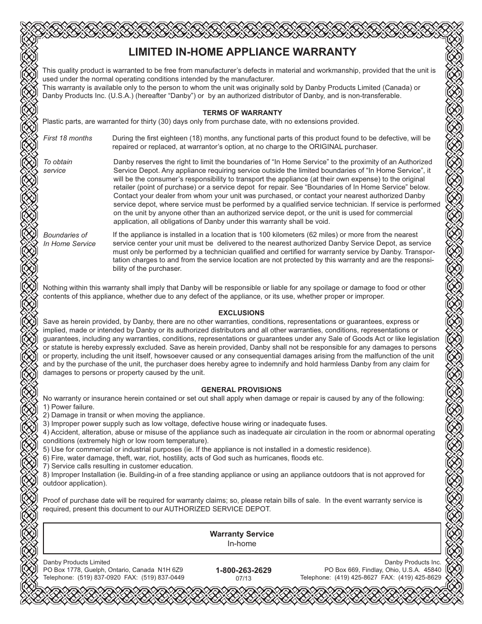 Limited in-home appliance warranty | Danby DCF051A1WDD User Manual | Page 9 / 24