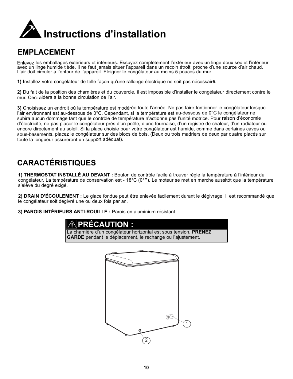 Instructions d’installation, Emplacement, Caractéristiques | Précaution | Danby DCF055A1WP User Manual | Page 12 / 24