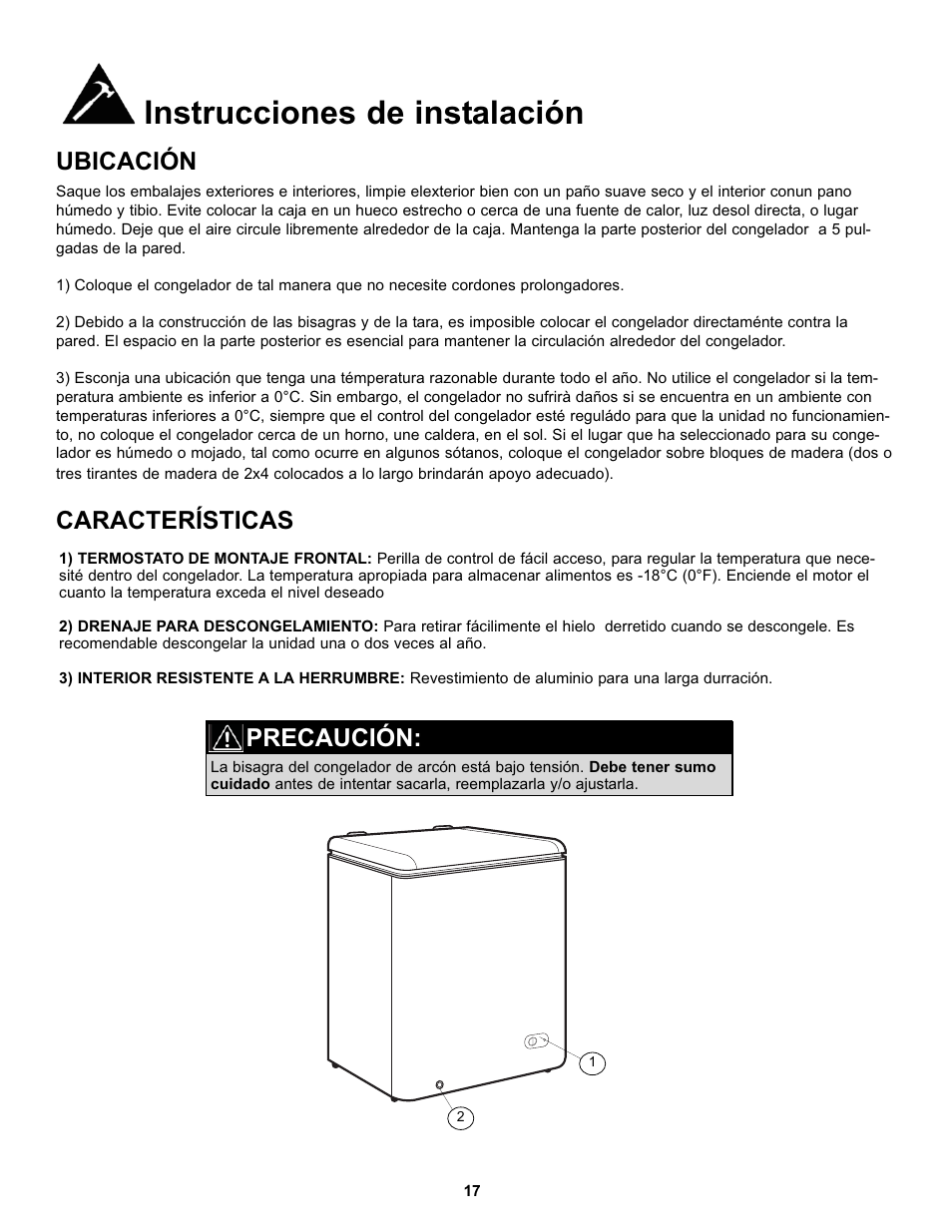 Instrucciones de instalación, Ubicación características, Precaución | Danby DCF055A1WP User Manual | Page 19 / 24