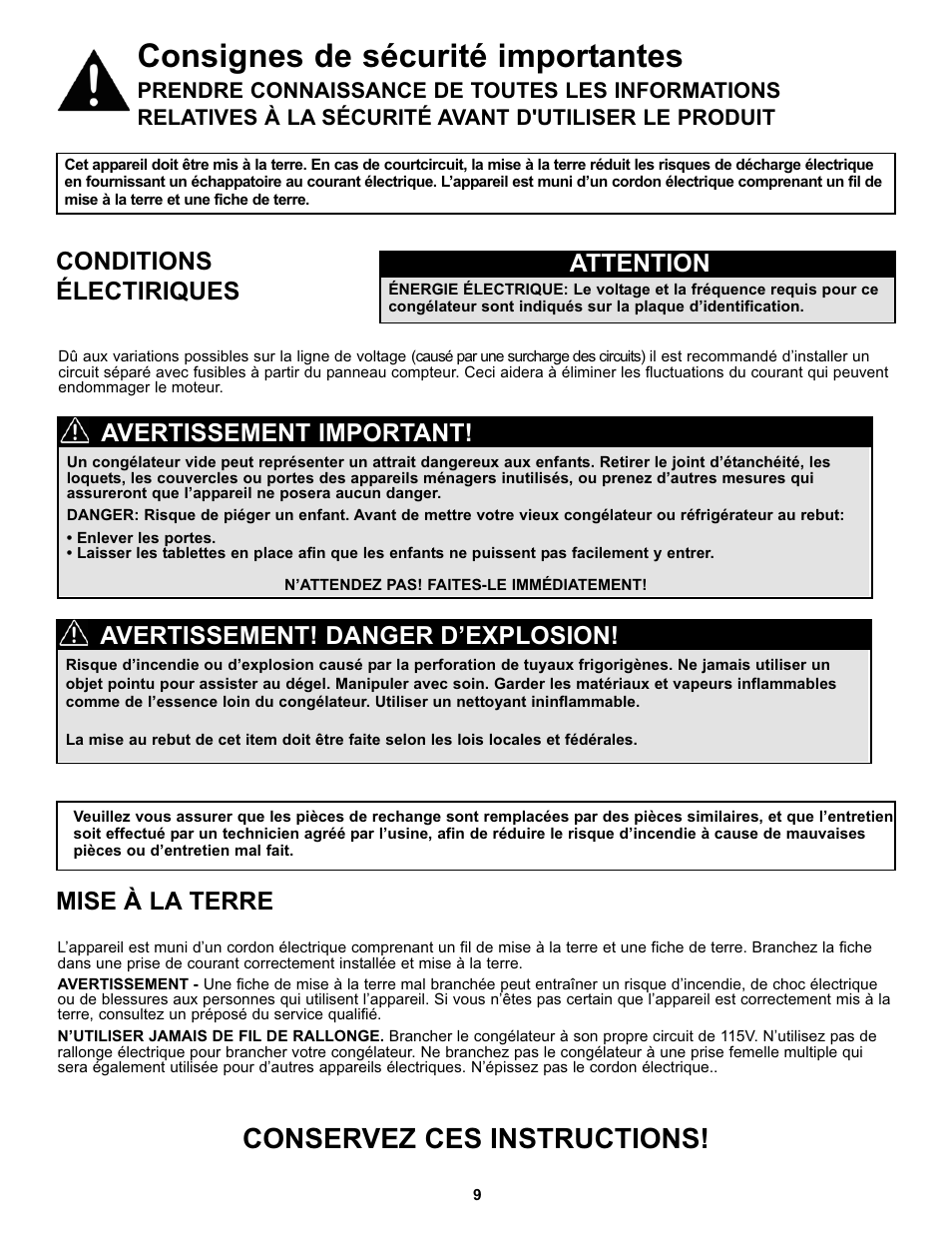 Consignes de sécurité importantes, Conservez ces instructions, Conditions électiriques | Attention, Mise à la terre, Avertissement! danger d’explosion, Avertissement important | Danby DCF055A1WDB1 User Manual | Page 11 / 24