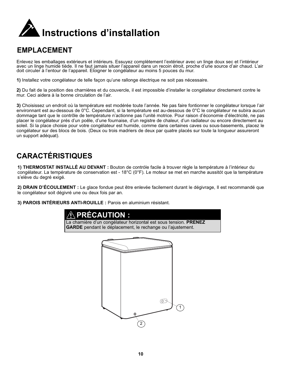 Instructions d’installation, Emplacement, Caractéristiques | Précaution | Danby DCF055A1WDB1 User Manual | Page 12 / 24