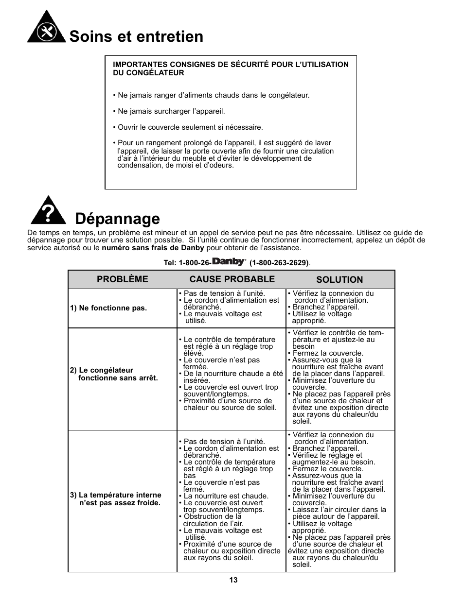 Soins et entretien, Dépannage | Danby DCF055A1WDB1 User Manual | Page 15 / 24