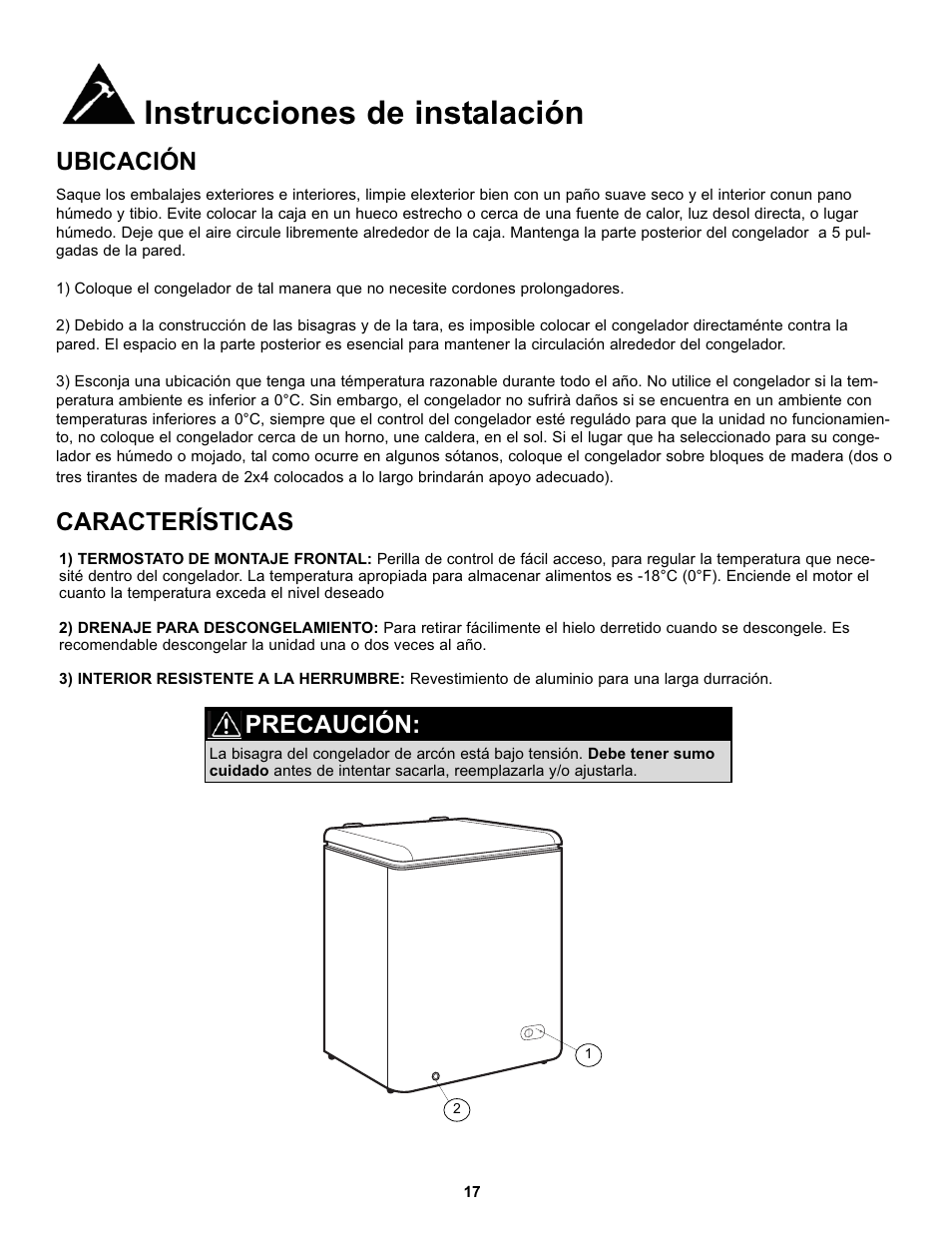 Instrucciones de instalación, Ubicación características, Precaución | Danby DCF055A1WDB1 User Manual | Page 19 / 24