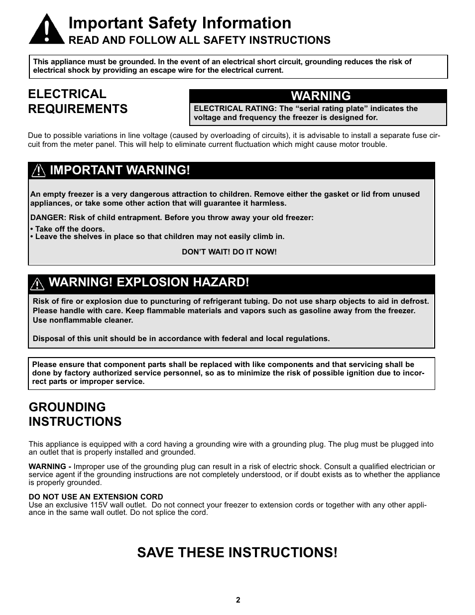 Important safety information, Save these instructions, Electrical requirements | Warning, Grounding instructions, Important warning, Warning! explosion hazard | Danby DCF055A1WDB1 User Manual | Page 4 / 24