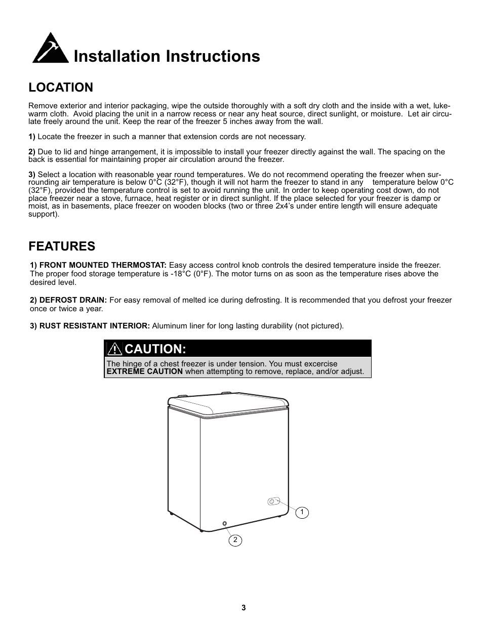 Installation instructions, Location features, Caution | Danby DCF055A1WDB1 User Manual | Page 5 / 24