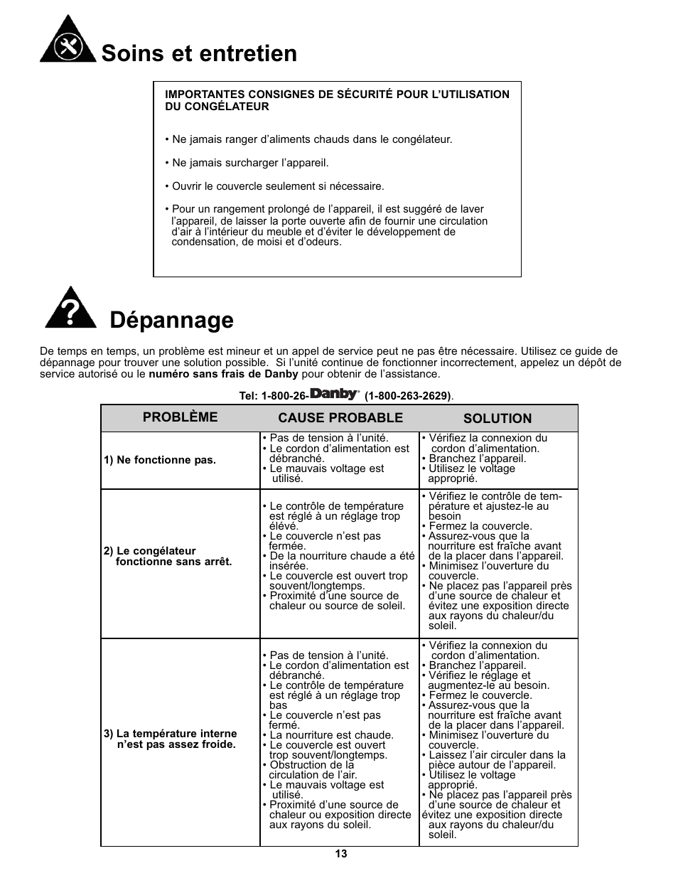 Soins et entretien, Dépannage | Danby DCF072A2WDB1 User Manual | Page 15 / 24